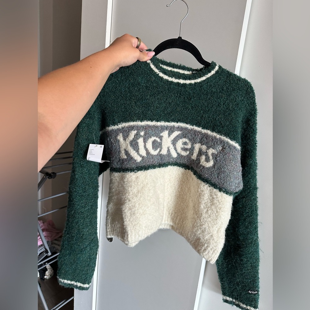Kickers Women's Forest Green and Cream Crew Neck Sweater